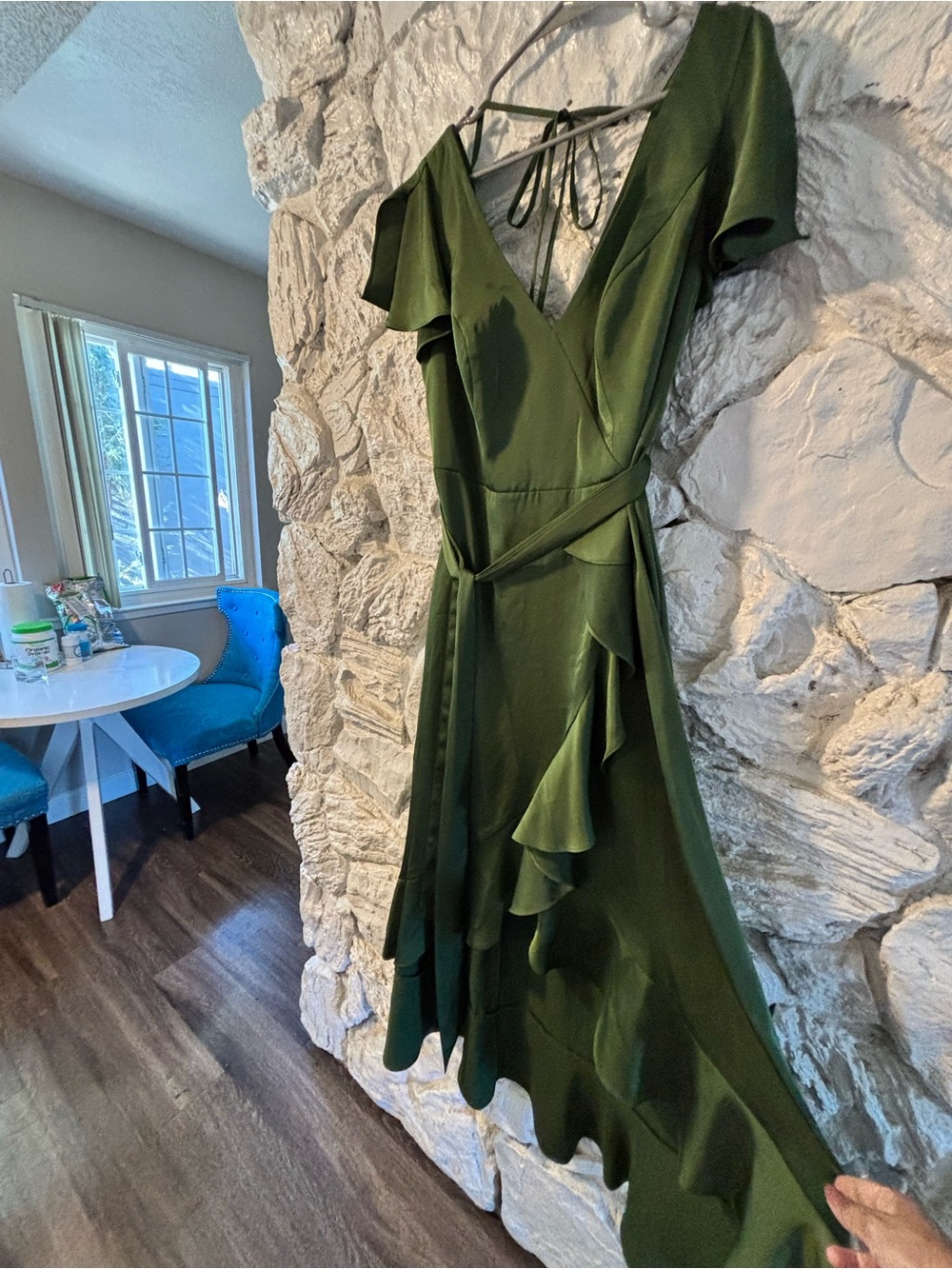 Azazie Olive Green Ruffle Wrap Midi Dress